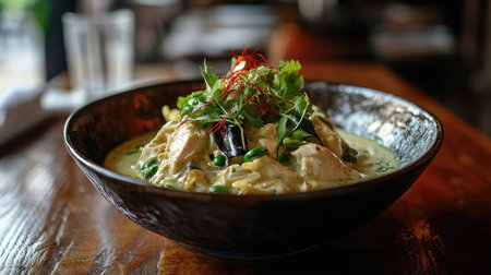 Discover a vibrant bowl of creamy Thai chicken curry, featuring fresh herbs and spices for a delicious culinary experience. Perfect for any meal.の素材
