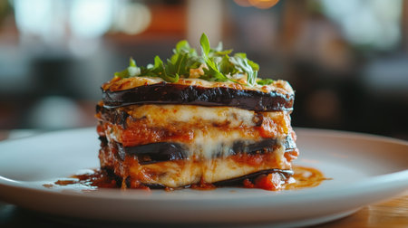 Savor the rich flavors of this classic eggplant parmigiana, featuring layers of baked eggplant, savory tomato sauce, and melted cheese, garnished with fresh herbs.の素材