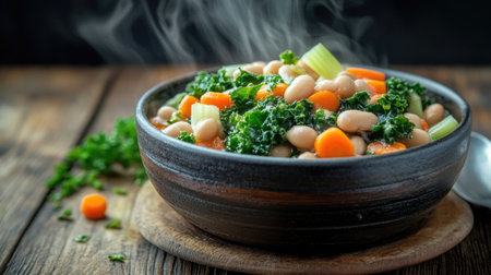 A steaming bowl of ribollita soup featuring fresh vegetables and beans, perfect for a cozy meal. This healthy dish embodies Italian comfort food.の素材
