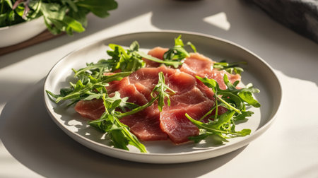 This elegant presentation features Vitello Tonnato, beautifully arranged with fresh arugula on a plate, perfect for a gourmet meal or special occasion.の素材