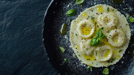 A stunning flat lay featuring traditional ravioli drizzled with olive oil and garnished with fresh herbs, perfect for culinary presentations or recipe inspiration.の素材