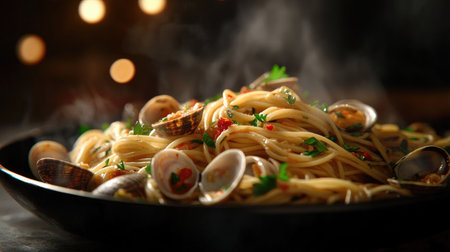 A steaming bowl of spaghetti alle vongole garnished with fresh herbs, showcasing a delicious seafood dish that highlights culinary elegance and flavor.の素材