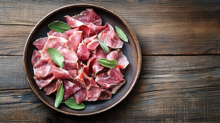A top view of a gourmet saltimbocca plate featuring fresh meat slices garnished with herbs, elegantly arranged in a rustic wooden bowl for a delightful dining experience.の素材