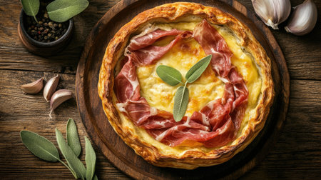Experience a gourmet saltimbocca topped with herbs and cheese, beautifully presented from above. Perfect for culinary enthusiasts and food lovers alike.の素材