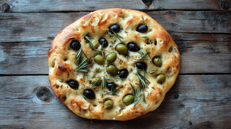 Enjoy a top view of a golden brown focaccia adorned with green and black olives and fresh rosemary. Perfect for a delicious snack or as part of a meal.の素材