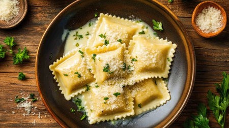 A beautiful plate of freshly cooked ravioli served with a creamy sauce and garnished with parsley. Perfect for showcasing Italian cuisine in any food-related project.の素材
