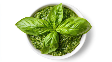 A top view of a white bowl filled with fresh green pesto, elegantly garnished with basil leaves, perfect for enhancing dishes or enjoying as a dip.の素材