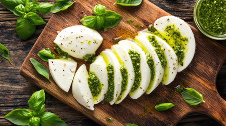 A tempting top view of pinsa romana garnished with fresh basil and rich pesto. Perfect for culinary presentations, this dish highlights Italian flavors and freshness.の素材