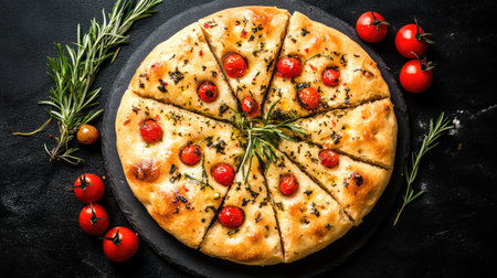 A top view of an artistic focaccia adorned with cherry tomatoes and herbs. This vibrant dish showcases a rustic presentation perfect for culinary inspiration.の素材