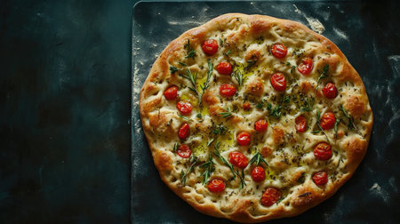 Explore an artistic top view of a delicious focaccia adorned with cherry tomatoes and fresh herbs, showcasing vibrant colors and inviting textures.の素材