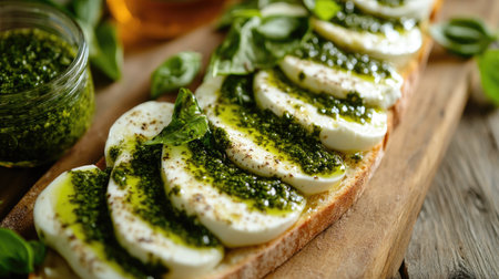 A vibrant image of fresh Pinsa Romana topped with creamy cheese, aromatic pesto, and fresh basil, perfect for a gourmet appetizer or snack.の素材