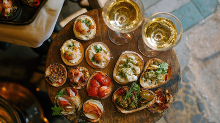 A stunning aerial view featuring an array of delicious Venetian appetizers accompanied by elegant drinks, perfect for gatherings and celebrations.の素材