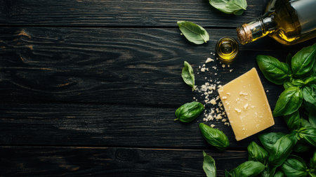 A top view of fresh basil leaves, grated Parmesan cheese, and a drizzle of olive oil on a dark wooden surface, highlighting rustic culinary elements.の素材