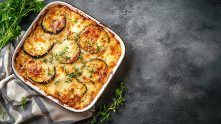 Captivating top view of melanzane alla parmigiana, featuring layers of baked vegetables and cheese. Perfect for appealing food presentations.の素材