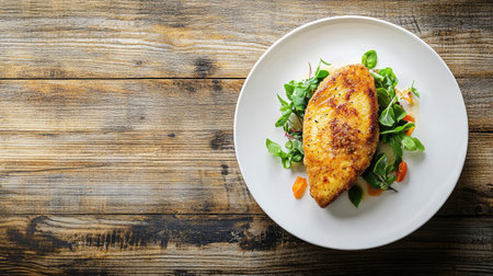 Capture the essence of Italian cuisine with this top view of cotoletta alla Milanese served on a fresh salad. A perfect meal for any occasion.の素材