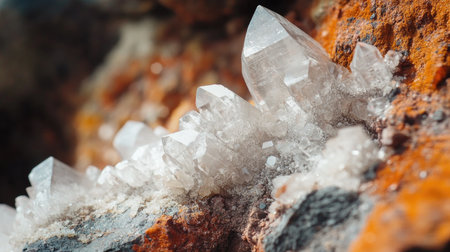 This close-up image features clear quartz crystals sparkling on a rocky surface, showcasing intricate textures and vibrant colors, perfect for nature themes.の素材