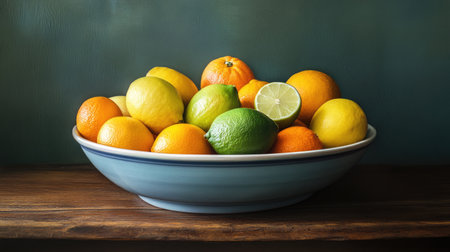 A vibrant arrangement of fresh citrus fruits, including lemons, limes, and oranges, in a decorative bowl on a rustic wooden table. Perfect for healthy eating and cooking inspirations.の素材