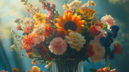 A stunning arrangement of vibrant flowers in a glass vase, showcasing rich colors and a cheerful, artistic design. Perfect for decoration or celebration.の素材