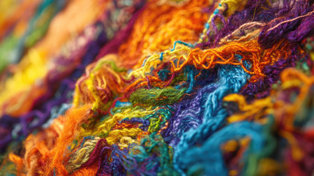 This vibrant closeup showcases a colorful array of threads and fibers, displaying intricate textures and patterns that evoke artistic creativity.の素材