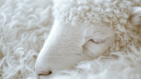 A close-up of a peaceful sheep resting on a soft wool blanket. This serene image captures the fluffy texture and calmness of the animal, ideal for nature-themed projects.の素材