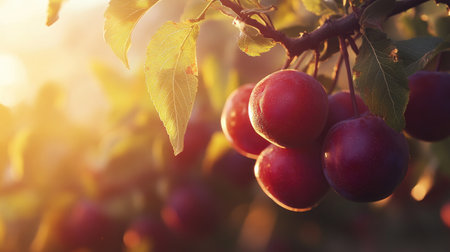 Beautiful close-up of ripe red fruits hanging on tree branches, illuminated by soft sunlight in the evening, highlighting nature's bounty in a garden setting.の素材