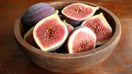 A close-up view of fresh figs, halved and arranged in a rustic wooden bowl. This vibrant image highlights the figs' rich colors and textures, making it perfect for food and lifestyle themes.の素材