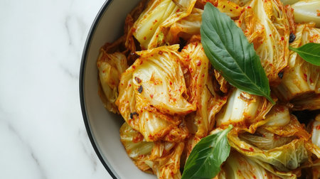 A vibrant bowl of homemade kimchi featuring crisp cabbage and green leaves, perfect for adding a spicy and tangy flavor to any meal or dish.の素材