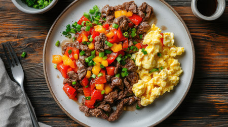 A vibrant plate featuring savory beef sautの素材