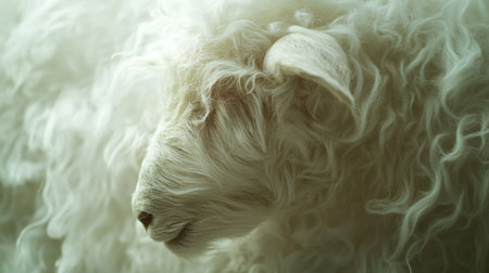 A captivating close-up of a soft white sheep showcasing its curly wool and gentle expression, ideal for nature and farm-themed projects.の素材