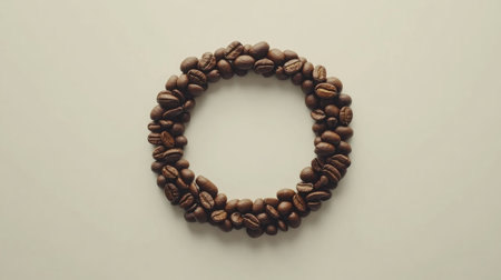 A visually appealing arrangement of roasted coffee beans in a symmetrical circle, perfect for use in culinary or beverage-related design projects.の素材