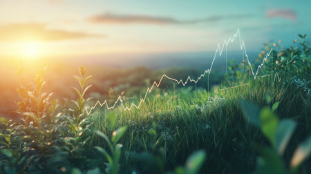 A visually striking 3D landscape depicting serene nature with rising financial trends. The scene captures the harmony of growth and tranquility in the morning light.の素材