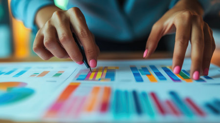 Close-up view of hands analyzing colorful graphs and charts, showcasing a dynamic data analysis process in a professional setting. Ideal for business and research themes.の素材