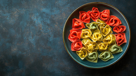 A vibrant plate of colorful tortellini arranged beautifully against a rustic background, showcasing the artistry of Italian cuisine and appealing presentation for food lovers.の素材