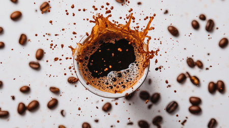 A dynamic image showcasing coffee splashing out of a cup, surrounded by roasted coffee beans. Perfect for illustrating energy, flavor, and coffee culture.の素材