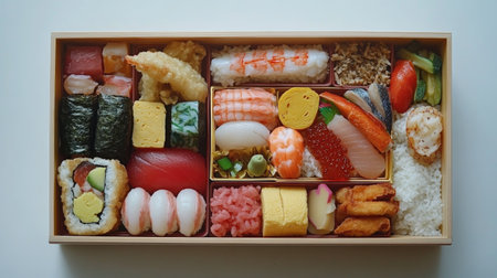 Explore an aerial view of a beautifully arranged Japanese bento box filled with an assortment of sushi, rice, and fresh vegetables. Perfect for culinary enthusiasts.の素材