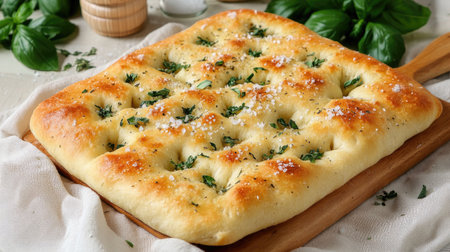 Discover a captivating aerial view of focaccia showcasing fresh herbs and a golden crust, perfect for culinary enthusiasts and home cooks alike.の素材