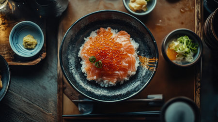 A top-down view of a delicious raw salmon donburi served on rice. The dish is beautifully garnished with toppings, showcasing vibrant colors and textures.の素材