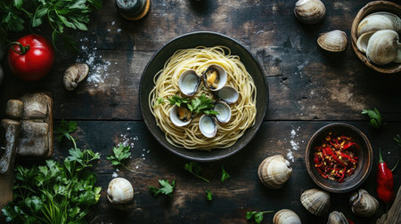 A beautifully styled bowl of spaghetti with clams on a rustic wooden table, garnished with fresh herbs, offering a delicious Italian seafood experience.の素材