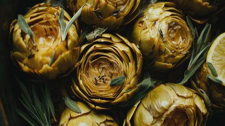 Close-up image of beautifully arranged artichokes showcasing their vibrant yellow hues and natural textures. Perfect for culinary and food-related projects.の素材