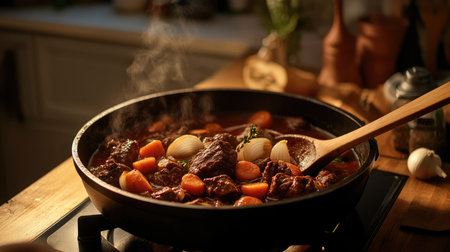 A cozy kitchen scene featuring a pan filled with hearty beef stew. Fresh vegetables and herbs simmer in the rich broth, creating a warm and inviting atmosphere.の素材