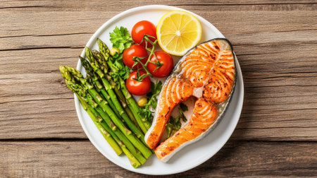 Experience a vibrant and healthy fried salmon steak served with fresh asparagus, ripe tomatoes, and a slice of lemon. Perfect for any meal.の素材