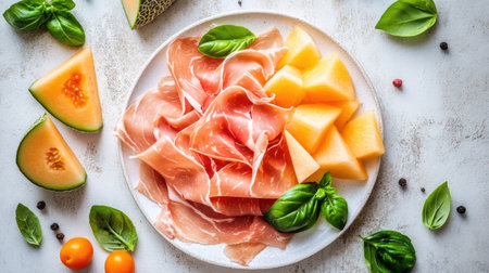 A beautiful presentation of thinly sliced prosciutto arranged on a plate with sweet melon and fresh basil. Perfect for appetizers or gourmet meals.の素材