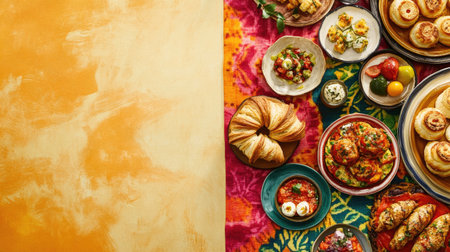 A vibrant display of assorted cicchetti dishes arranged on a colorful table setting, showcasing a delightful assortment perfect for sharing and enjoying.の素材