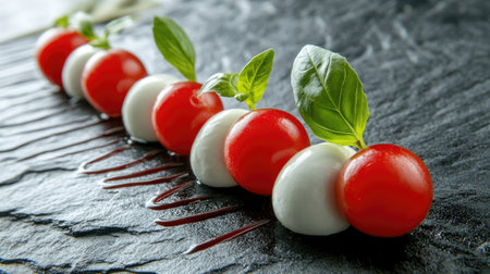 A vibrant close-up of a fresh Italian salad featuring basil, cherry tomatoes, and mozzarella, elegantly presented on a slate surface. Perfect for culinary showcases.の素材