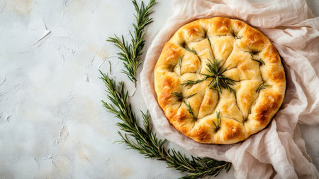 An overhead shot of a freshly baked focaccia bread garnished with rosemary. Perfect for culinary visuals, recipes, or food styling projects.の素材
