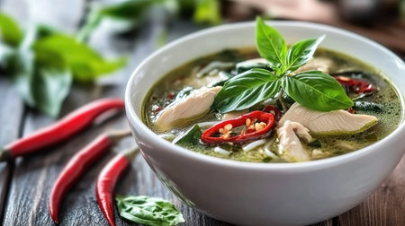 A delicious bowl of green curry chicken, garnished with fresh basil and red peppers, presented on a rustic wooden table. Ideal for culinary-themed projects.の素材
