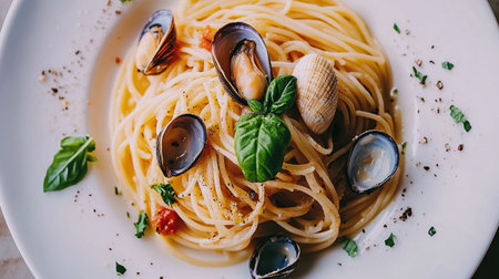 A captivating plate of spaghetti topped with fresh seafood, garnished with herbs, showcasing an exquisite Italian culinary delight perfect for any dining occasion.の素材