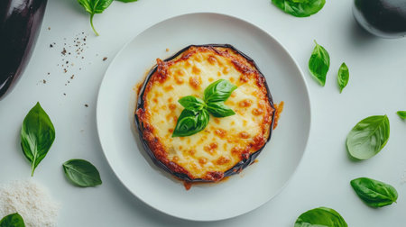 A beautifully plated eggplant parmesan dish garnished with fresh basil leaves. This vegetarian delight is perfect for a gourmet meal experience.の素材