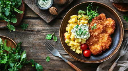 A delightful crispy Wiener schnitzel served alongside savory potato salad and fresh herbs. Perfect for showcasing traditional cuisine in a rustic setting.の素材