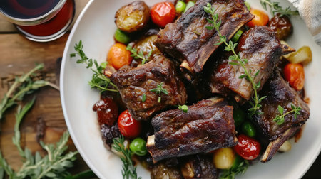 A beautifully plated dish featuring tender beef ribs bourguignon, surrounded by vibrant vegetables and garnished with fresh herbs, perfect for gourmet dining.の素材